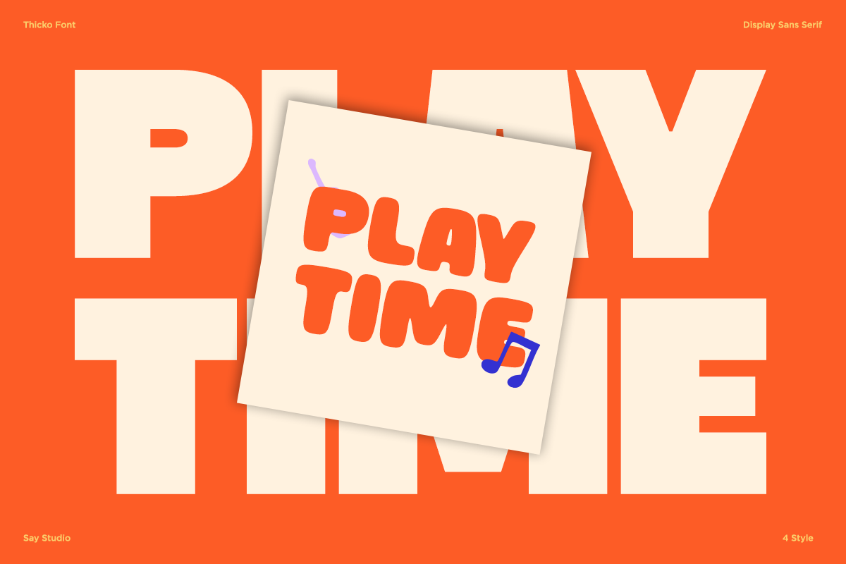 Sticky note with "play time" text in bold orange font, overlaid on cream background with large display letters