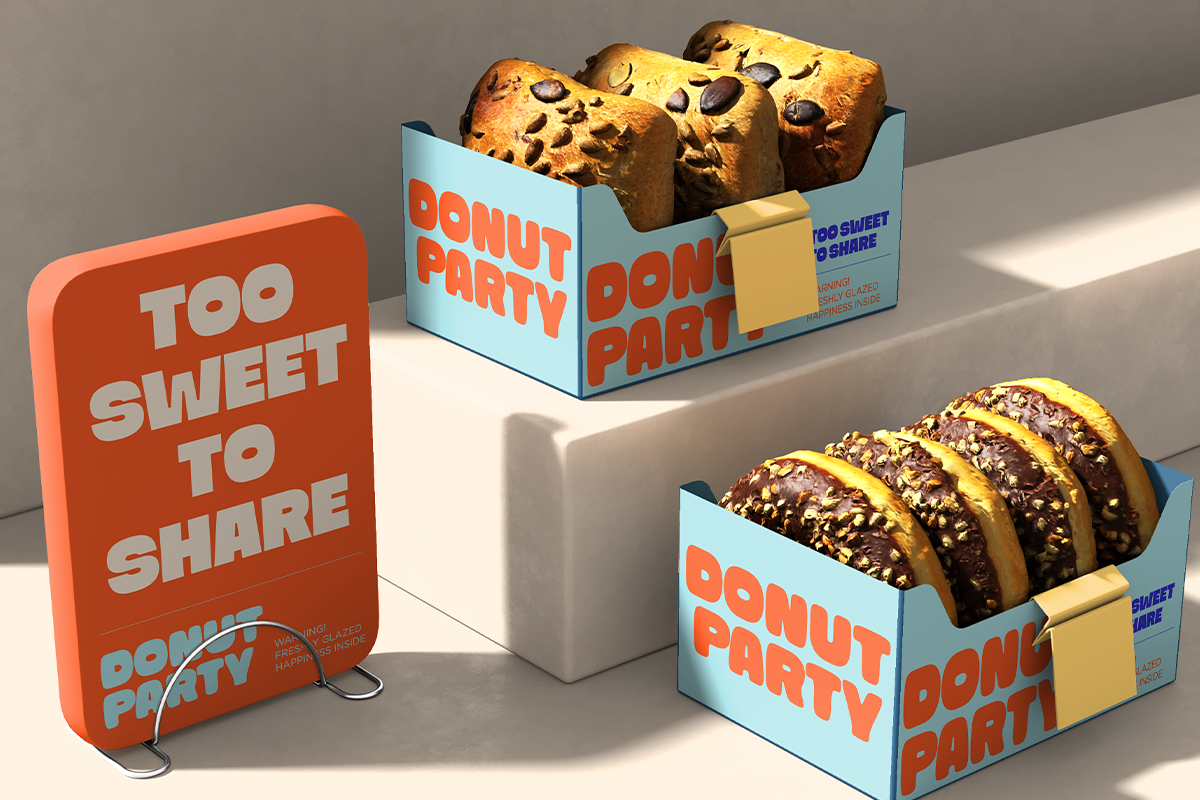 Donut party packaging mockup with blue boxes, chocolate chip donuts, plus red sign displaying "too sweet to share"