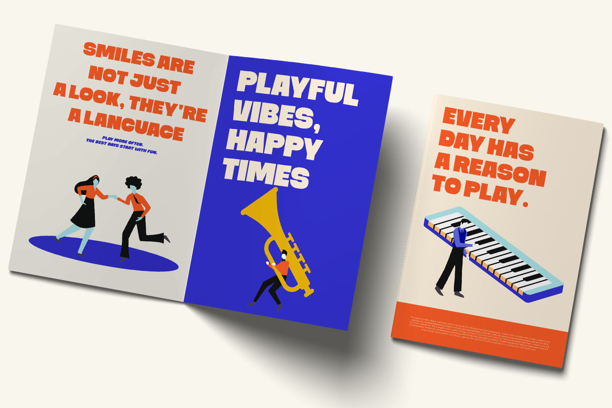 Three colorful posters with playful typography, illustrated characters, trumpet player, keyboard musician in bright orange, blue, cream tones