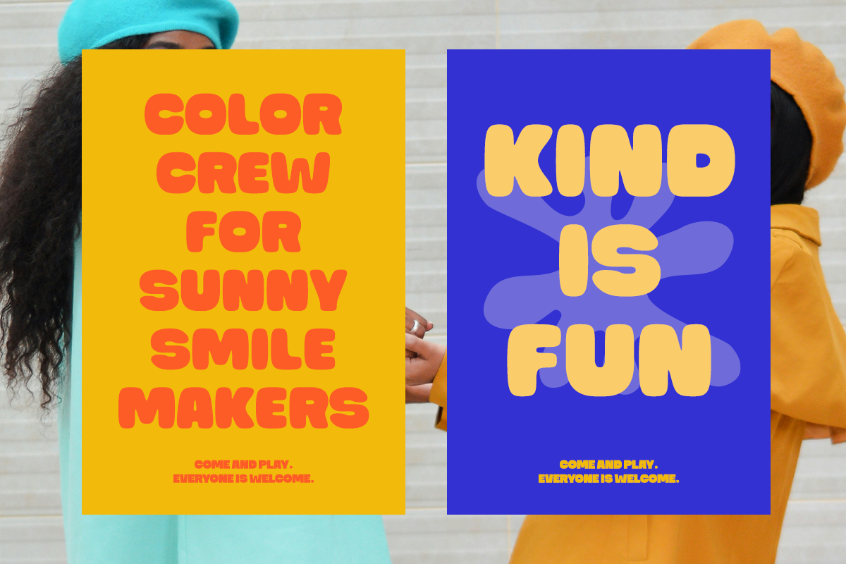 Vibrant posters with bold retro typography in yellow, blue, orange colors promoting community vibes