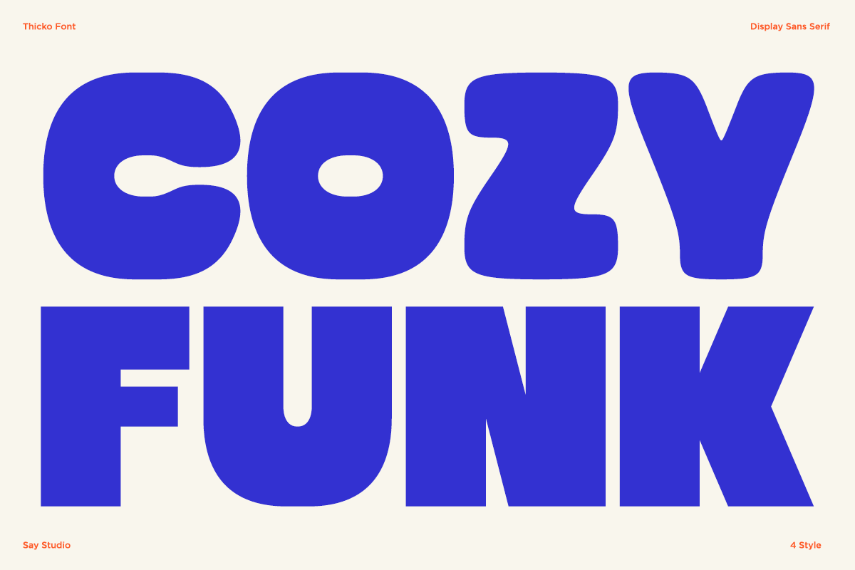Cozy Funk typeface in bold cobalt blue with rounded letterforms on cream background