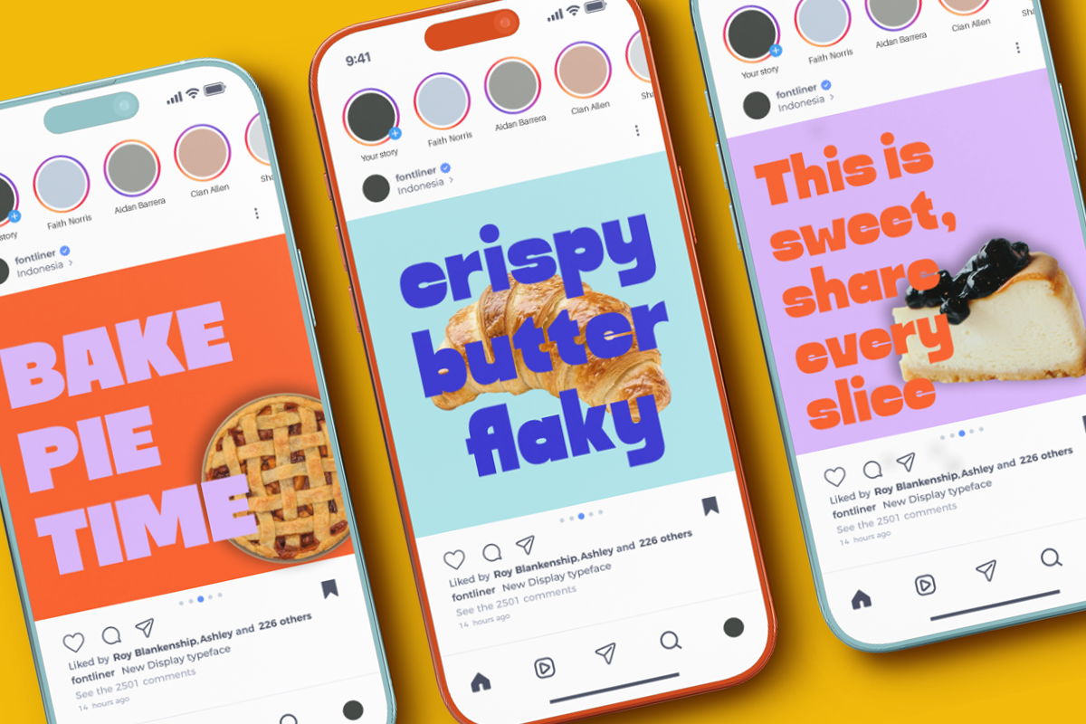 Three phones showing food-themed Instagram posts with bold typography, colorful backgrounds, pie, croissant, cheesecake mockups