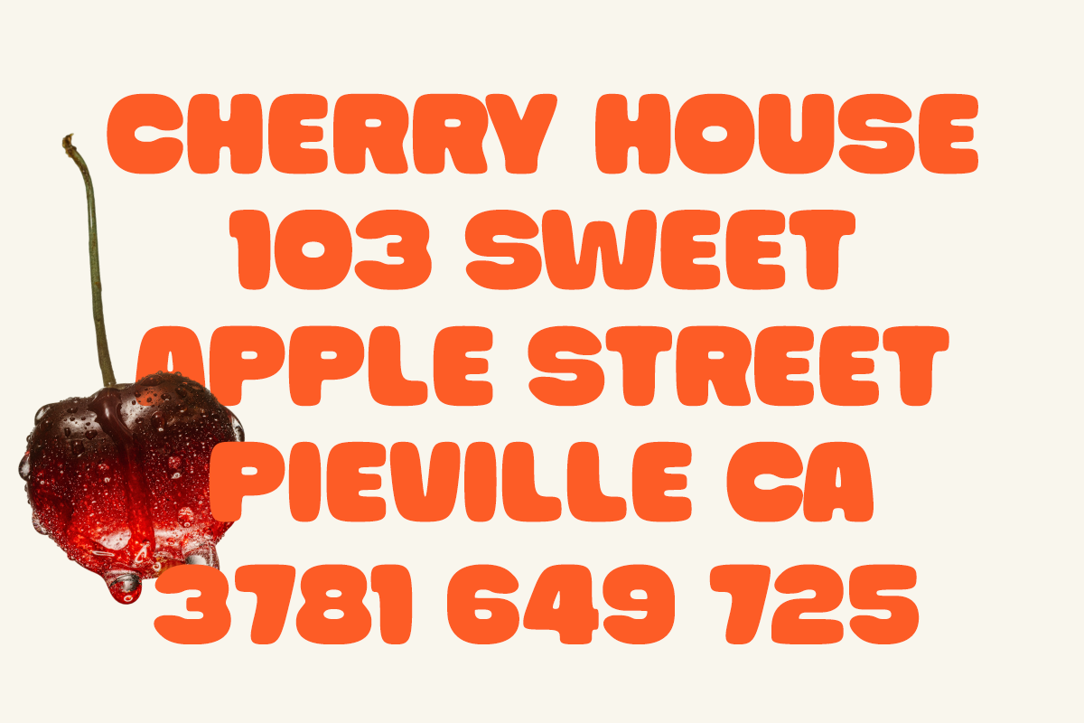 Cherry House address label with bright orange bubbly type on cream background