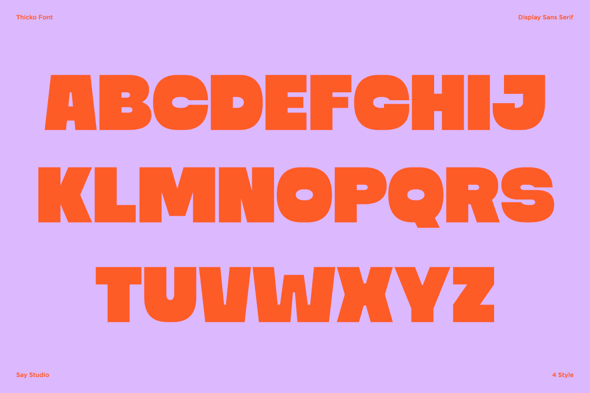 Thicko Font displaying bright orange alphabet letters on lavender background