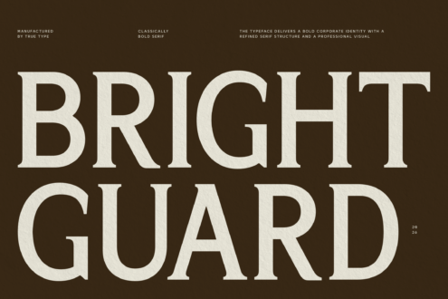 Bright Guard serif typeface displayed in large cream letters on dark brown background