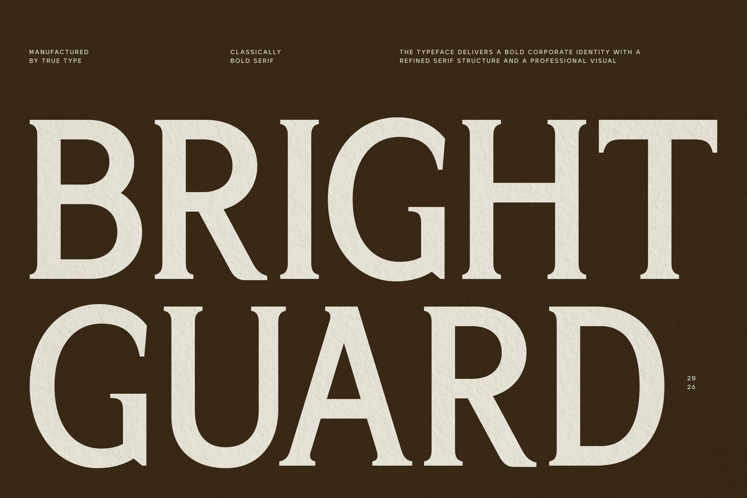 Bright Guard serif typeface displayed in large cream letters on dark brown background