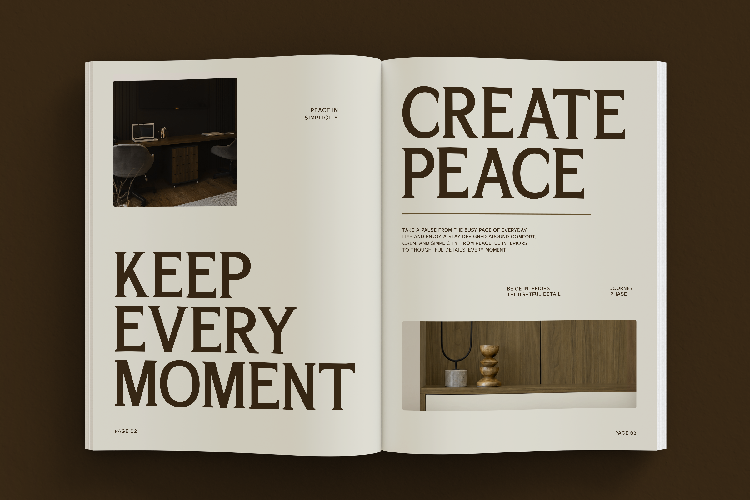 Open magazine spread with minimalist interior design layout, brown text on cream pages, workspace photography