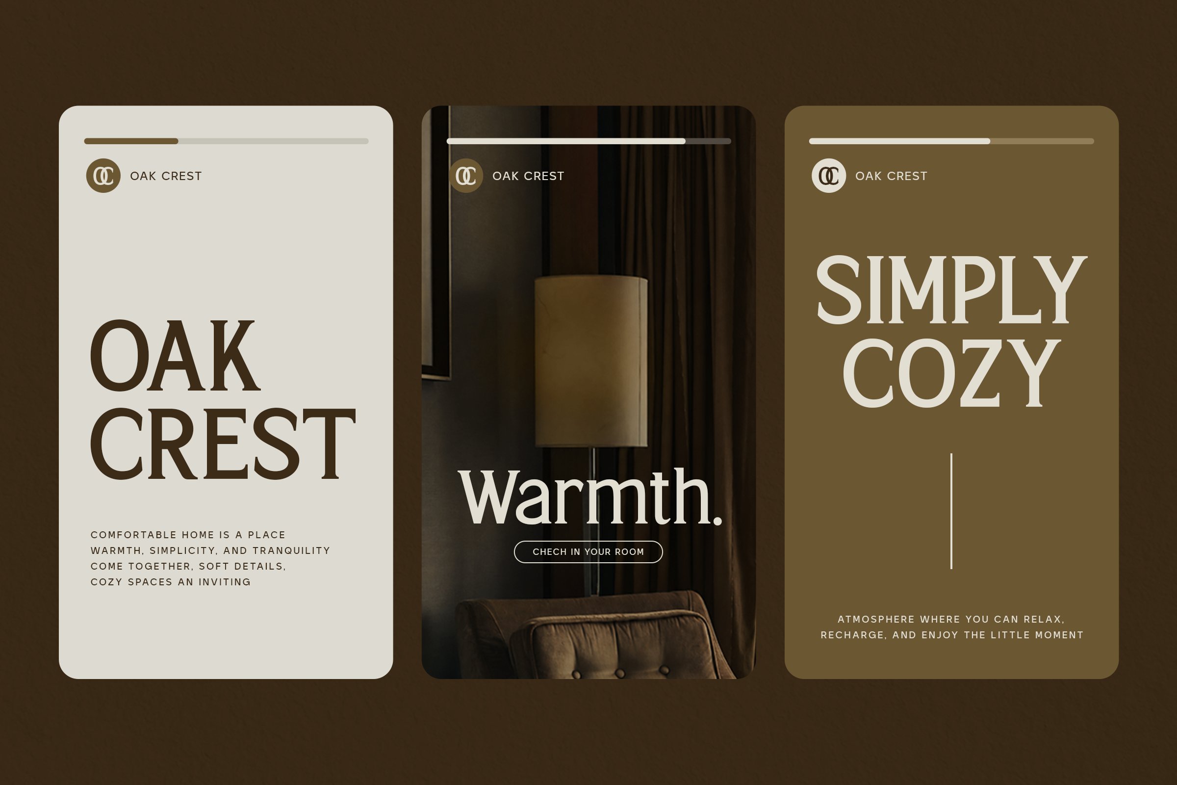 Three mobile card designs for Oak Crest home brand showing minimalist layouts with warm brown, cream, plus cozy room photography
