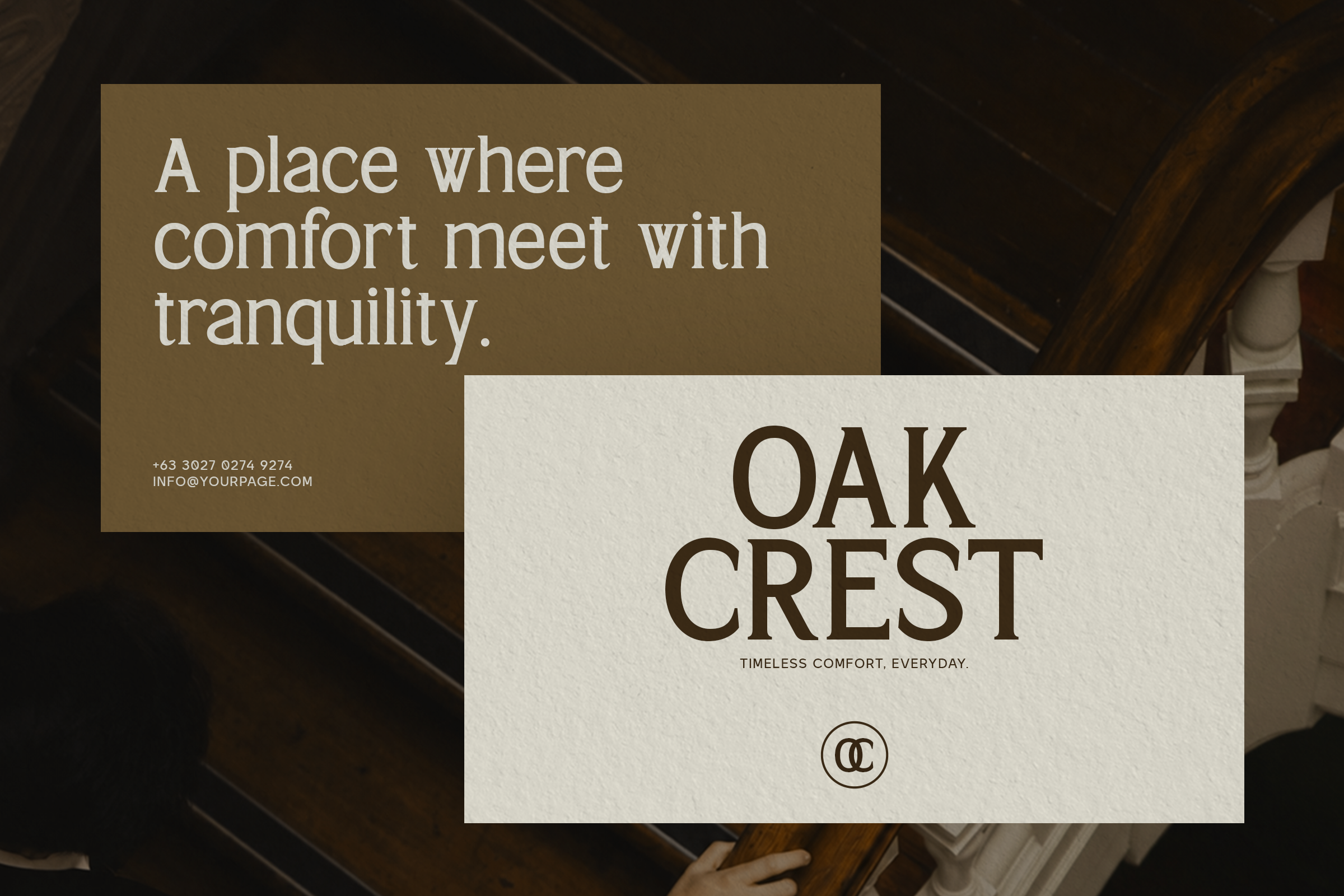 Oak Crest brand mockup with overlapping tan plus cream cards on dark wood background