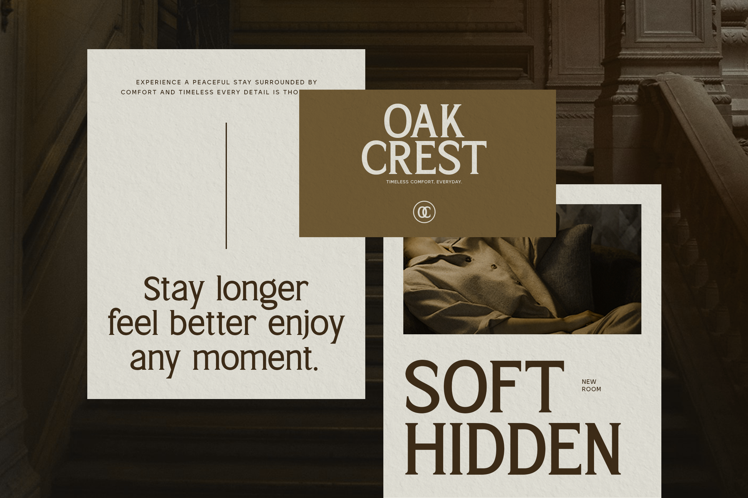 Luxury hotel branding mockup with overlapping cream, olive, dark text layouts featuring Oak Crest logo