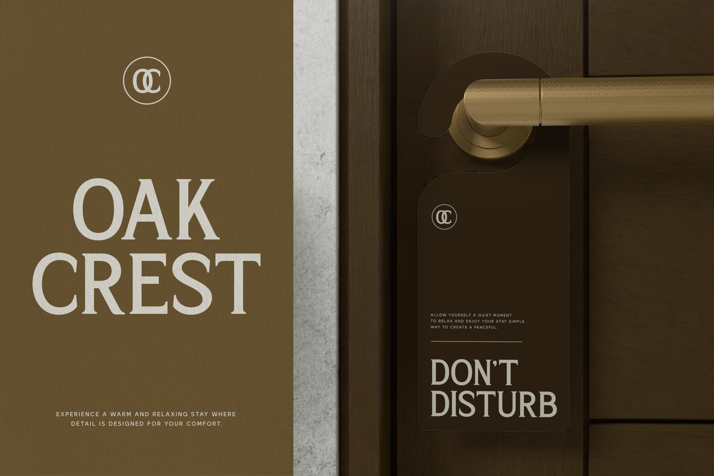 Luxury hotel branding mockup with door hanger, gold handle, earthy tones, minimalist serif typography