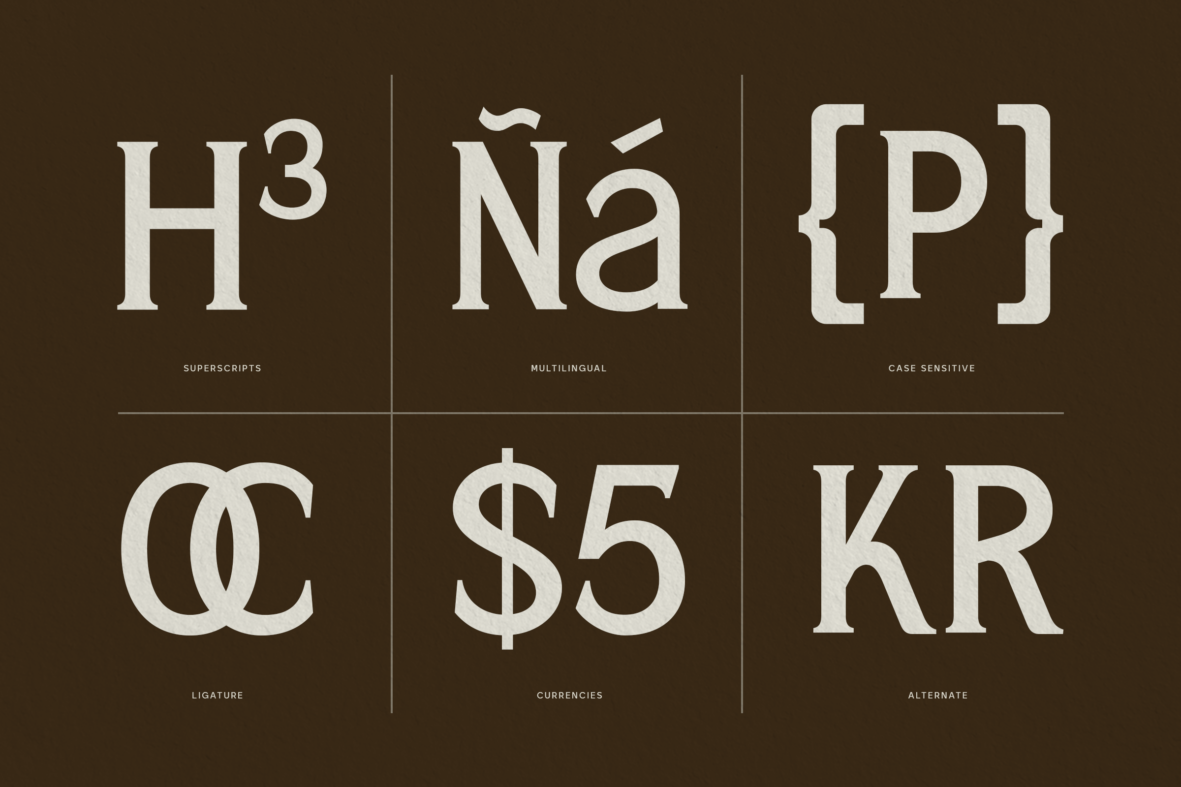 Font character set showcase with superscripts, multilingual accents, case sensitivity, ligatures, currency symbols, plus alternates