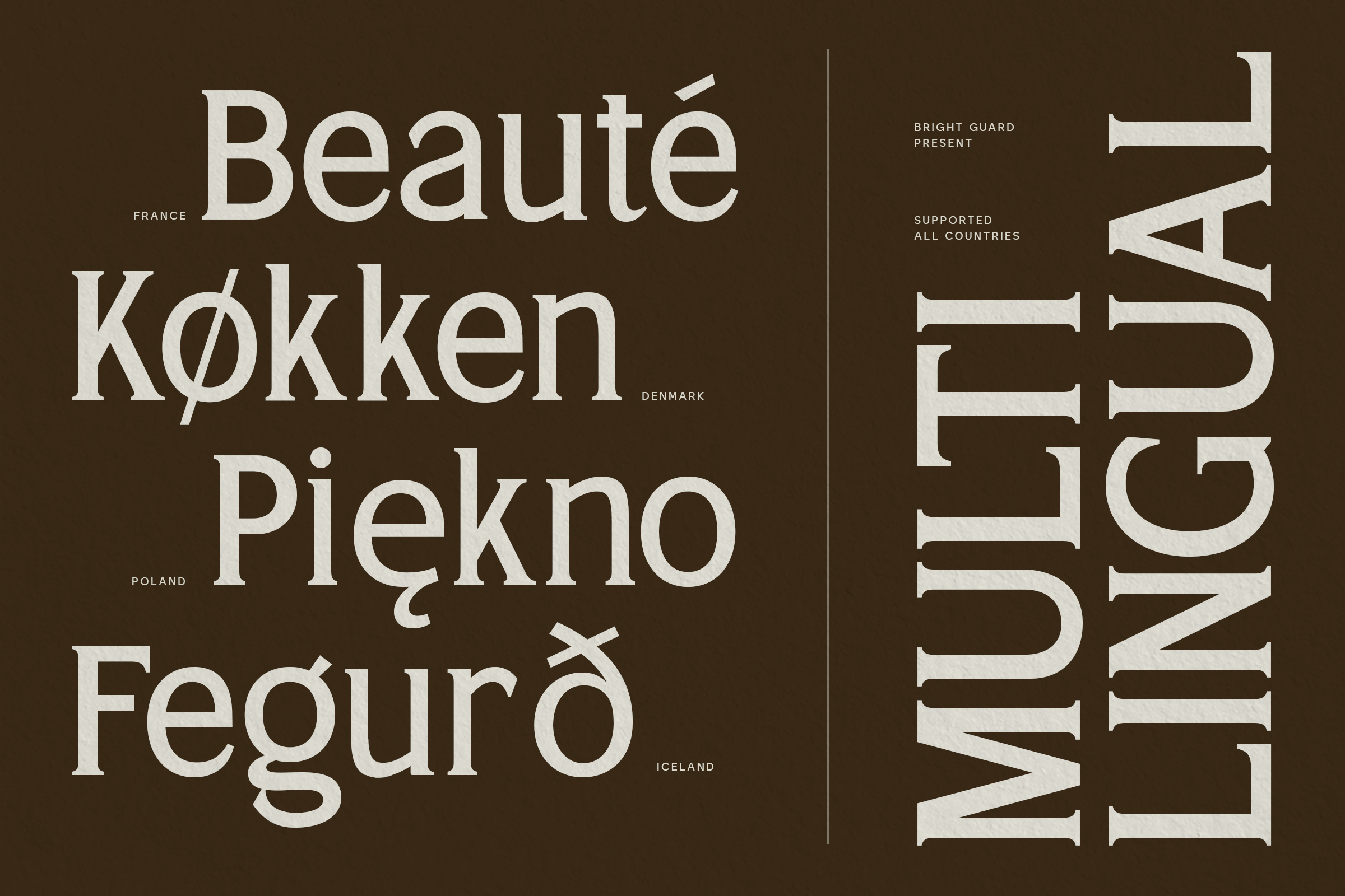 Serif font specimen showing European words in cream type on brown background with country labels
