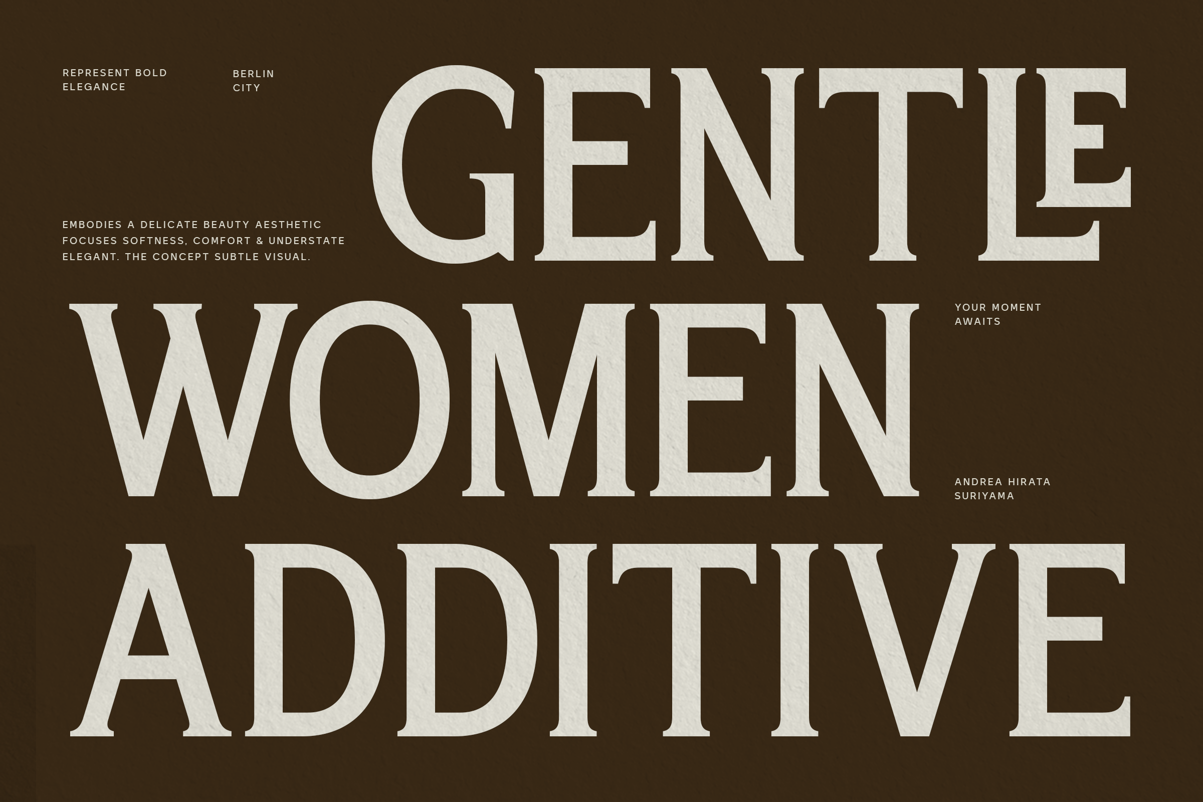 Gentle Women Additive serif font with cream letterforms on dark brown background