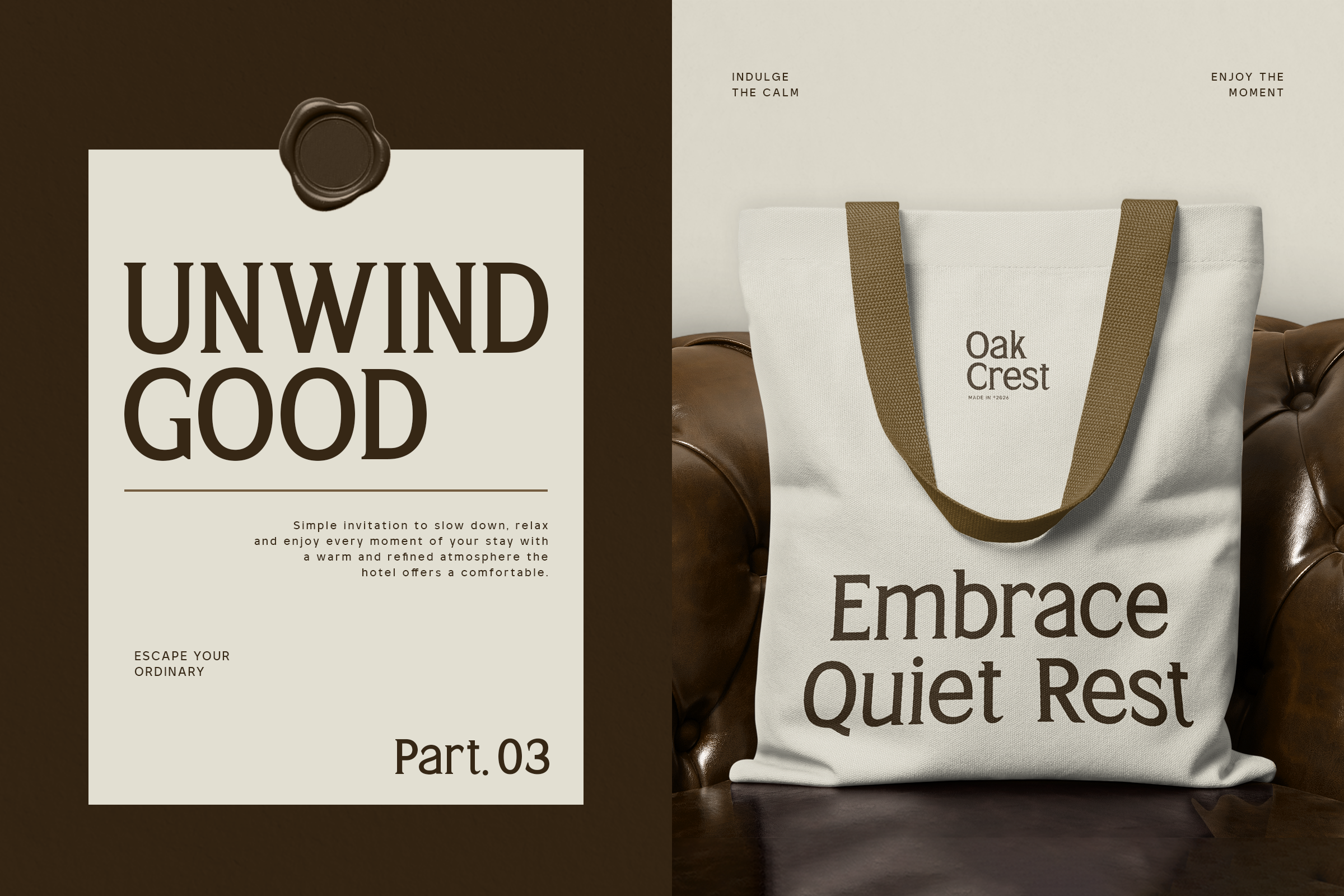 Cream tote bag with tan handles displaying Oak Crest branding next to minimalist hotel invitation card