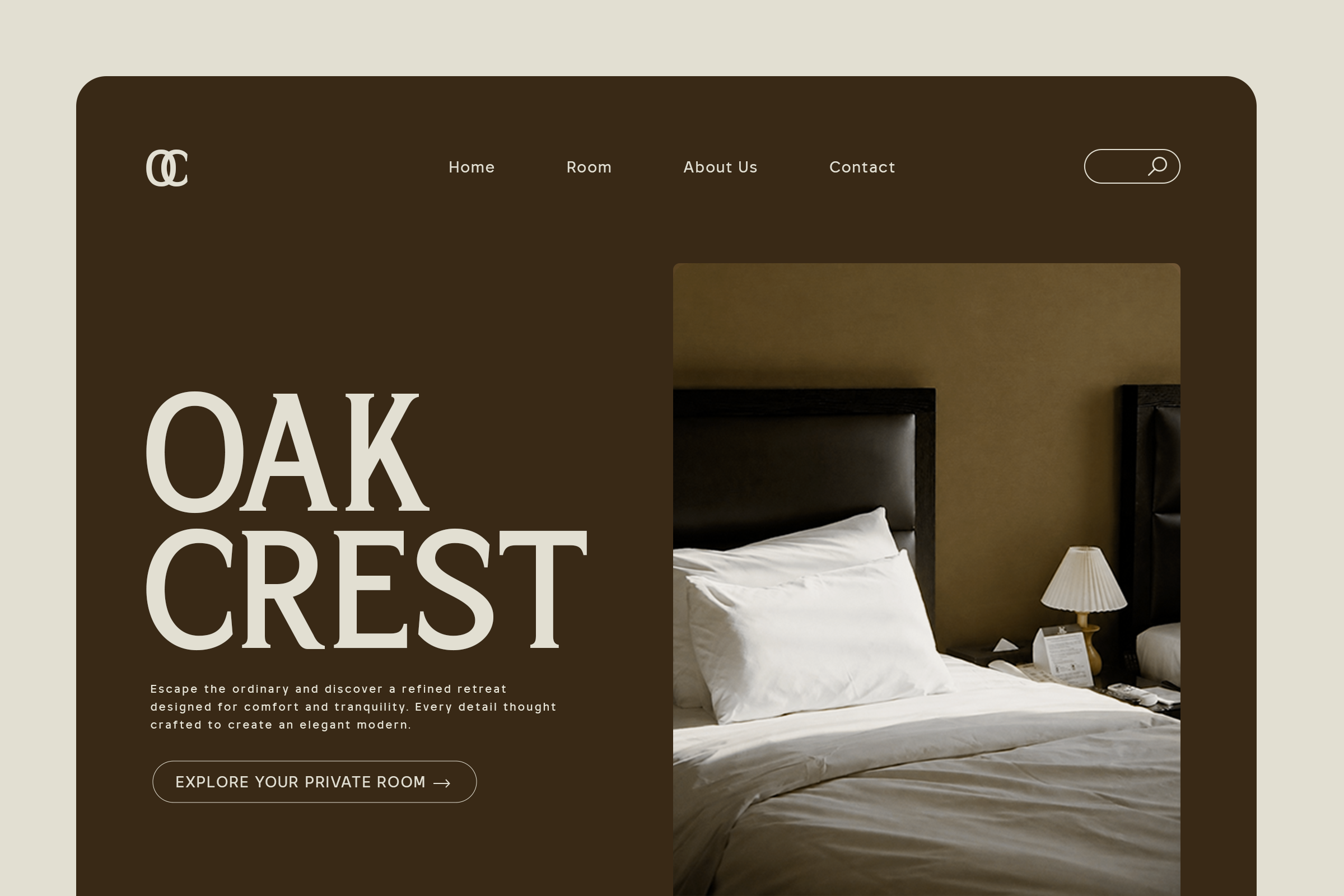 Luxury hotel website mockup showing bedroom with olive walls, black headboard, white pillows, lamp, navigation bar with logo, search button