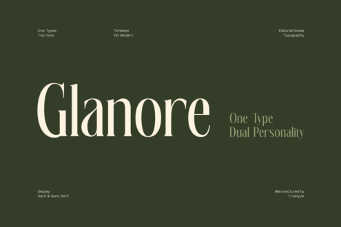 Glanore serif font family showing elegant display typeface with dual personality on muted green background