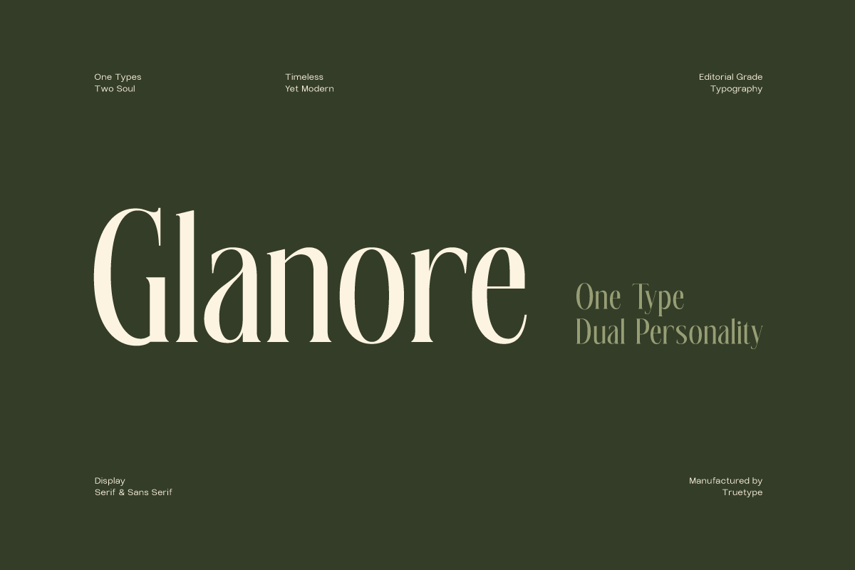 Glanore serif font family showing elegant display typeface with dual personality on muted green background
