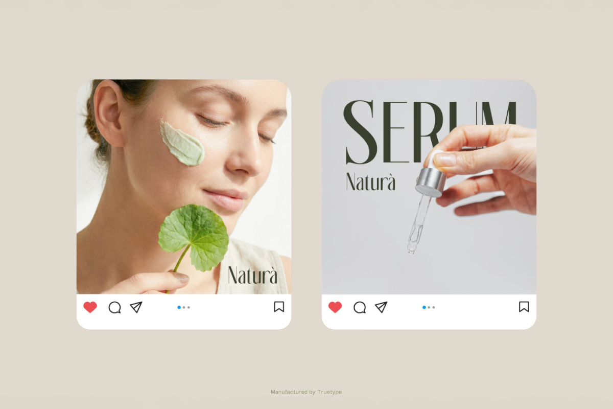 Social media posts for natural skincare brand showing face mask treatment plus serum dropper product shots