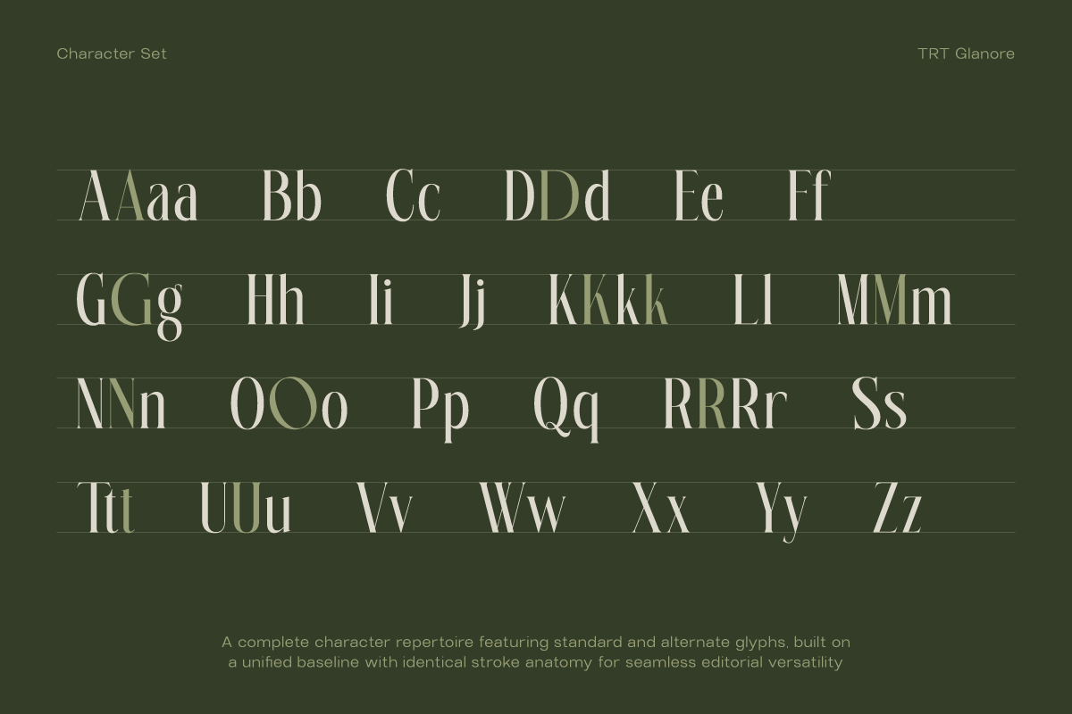 TRT Glanore font character set showing uppercase, lowercase, numerals in elegant serif style