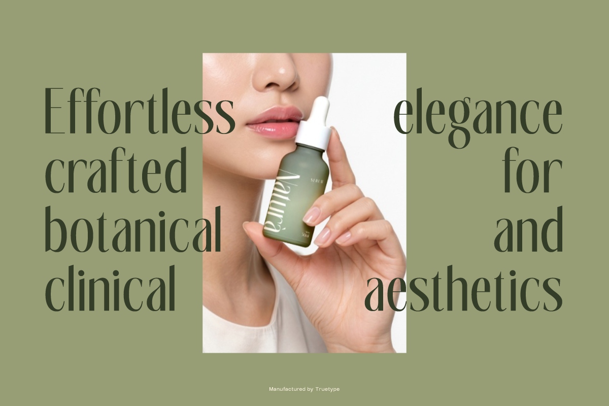 Woman holding olive green skincare serum bottle with minimalist typography layout on sage background