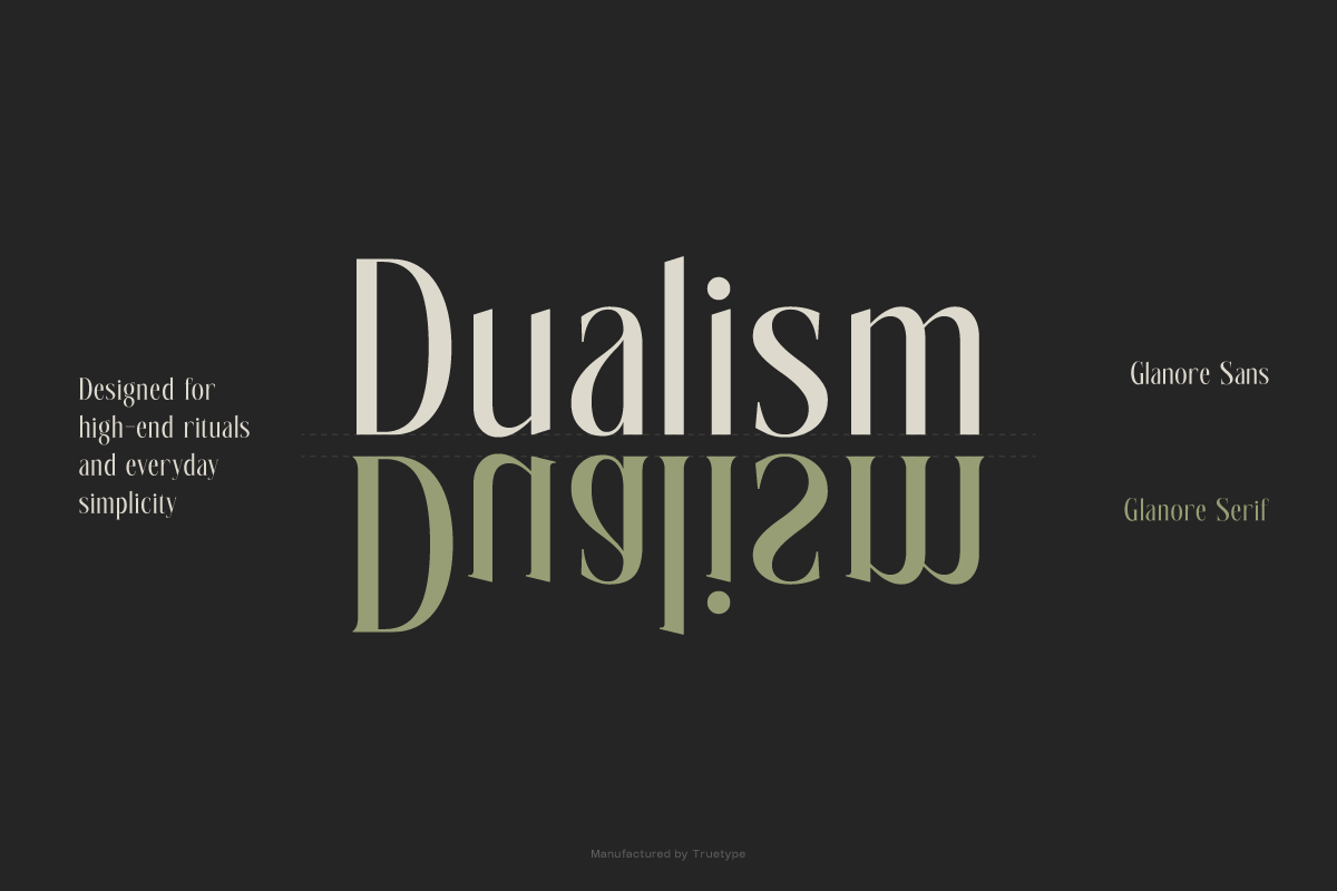 Dualism typeface pairing with Glanore Sans serif in cream, sage, dark background
