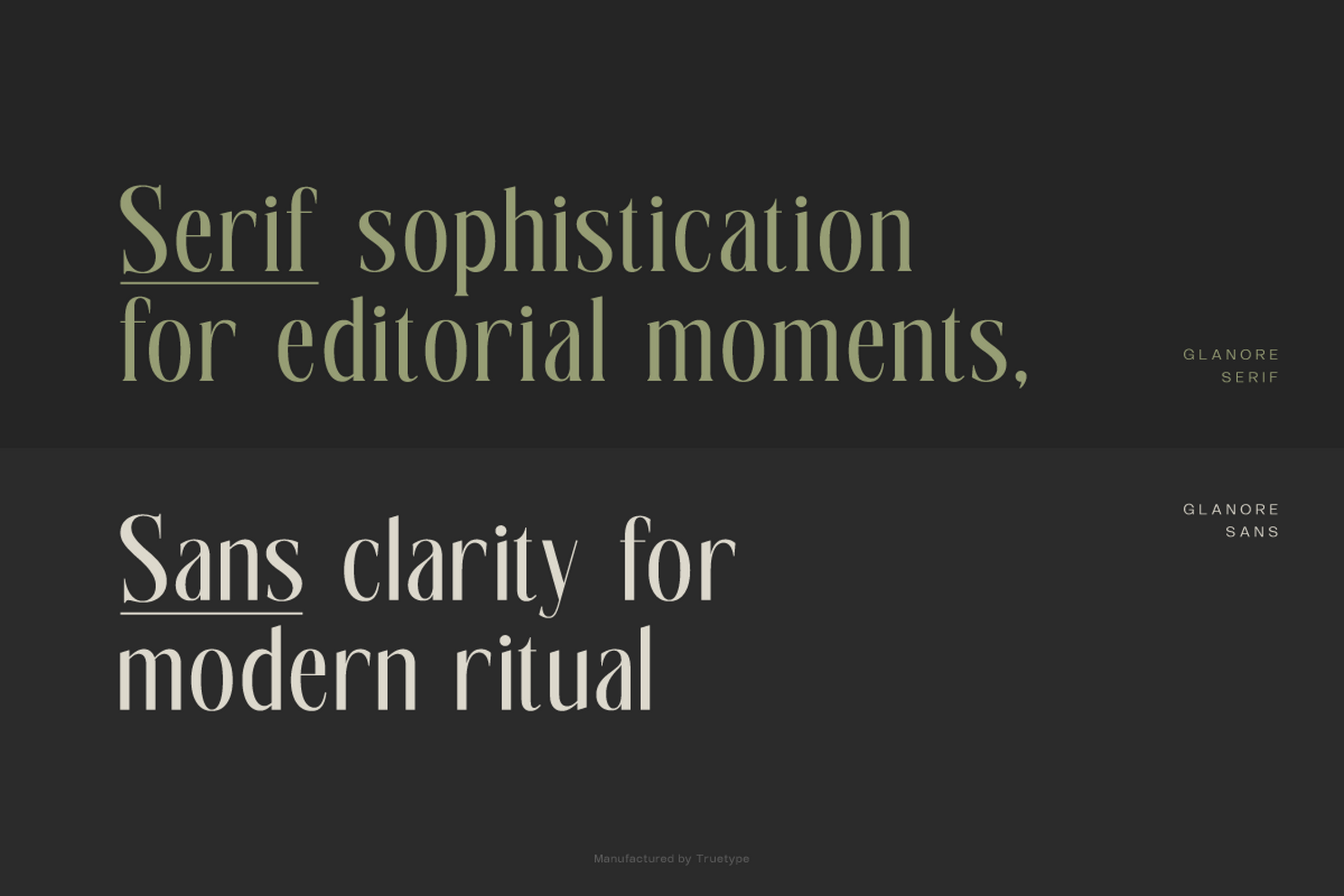 Glanore serif paired with sans showing elegant typography pairing on dark background