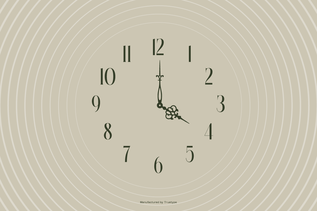 Minimal clock face with Roman numerals, ornate hands, concentric line pattern background in warm beige tones