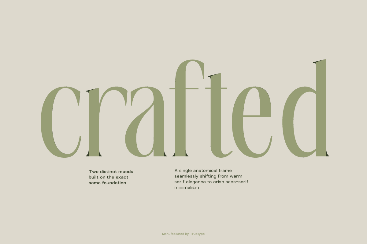 Crafted serif typeface in sage green showing dual mood capability with descriptive text below