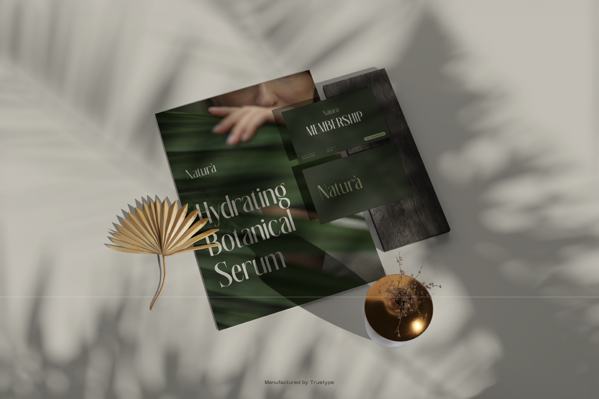 Natura skincare brand mockup with botanical serum packaging, business cards, dried leaf detail, styled flat lay