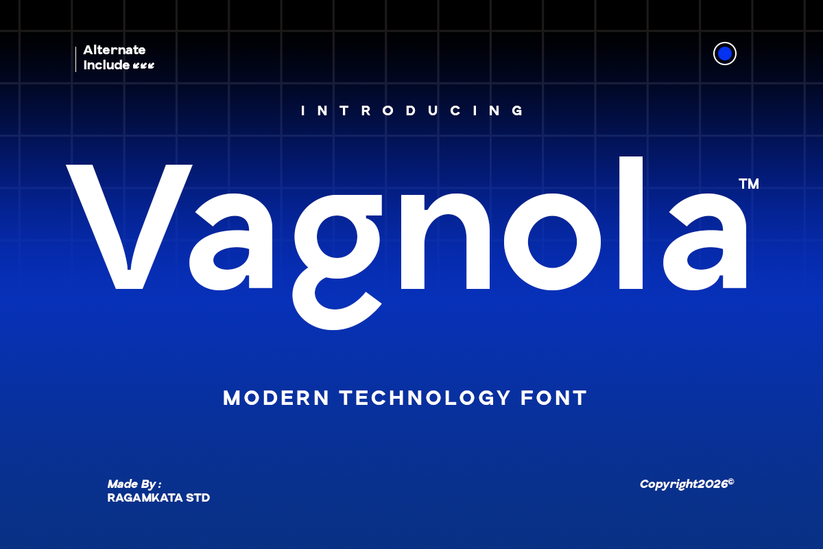 Vagnola typeface display on blue gradient grid background with tech vibes