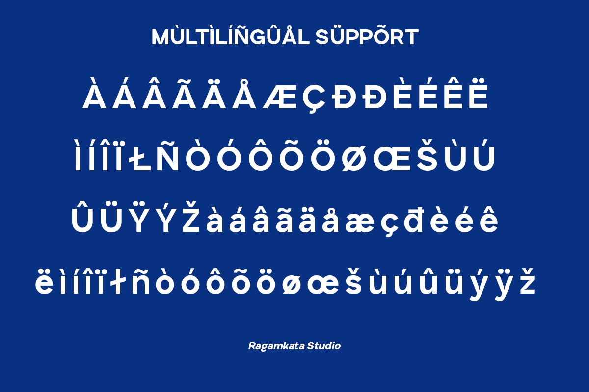 Font specimen showing multilingual character support with accented letters on deep blue background