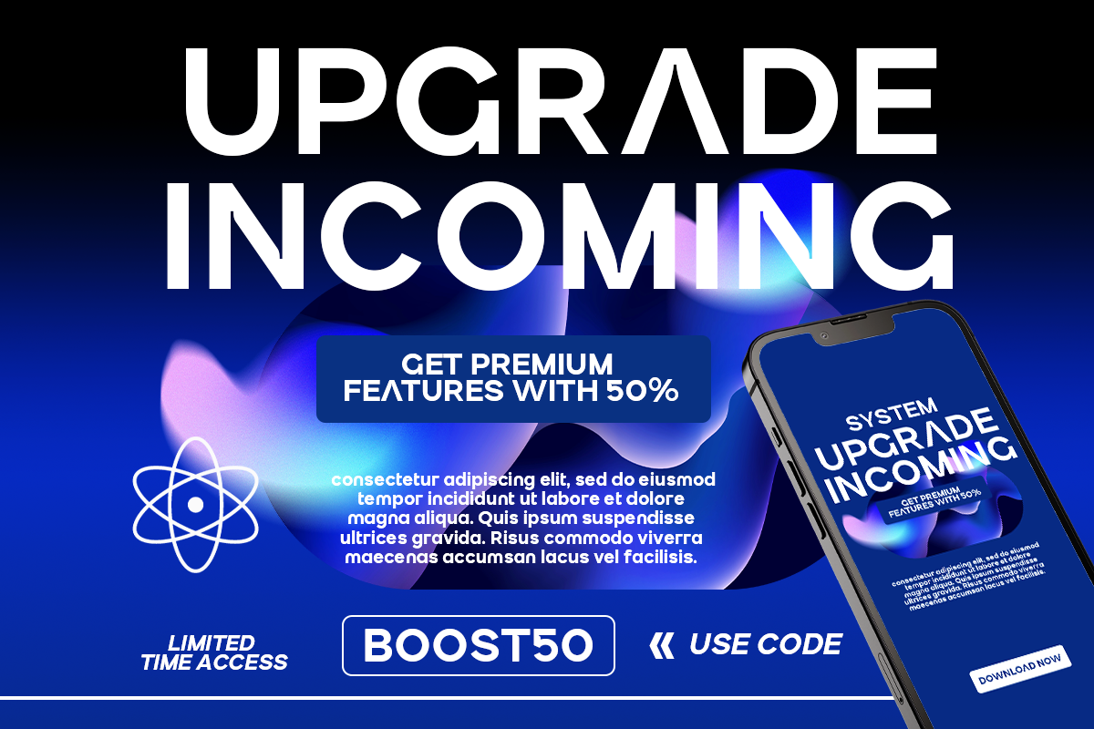 Neon blue promo mockup with "Upgrade Incoming" text, phone display, glowing atom icon, 50% discount offer