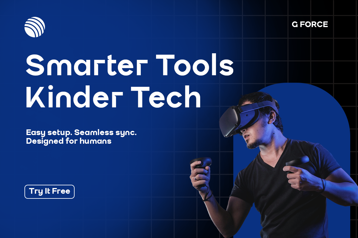 Guy in VR headset holding controllers on blue tech background with G Force branding