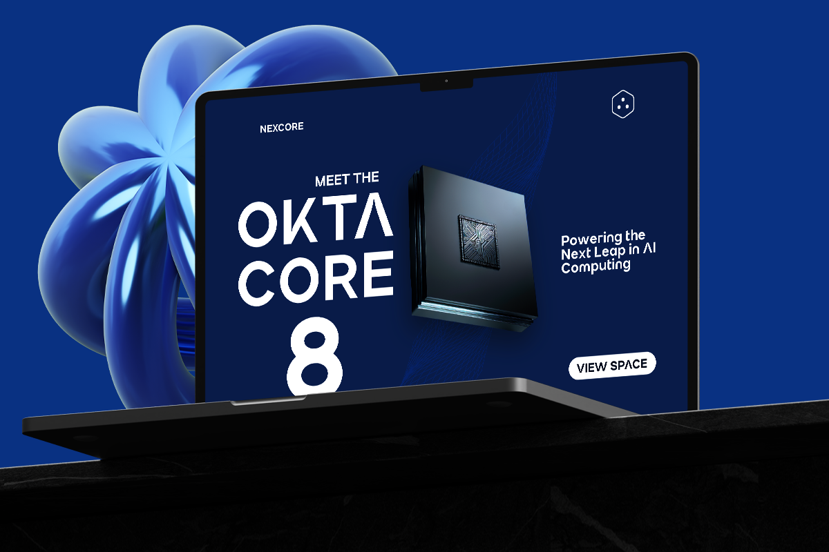 Laptop mockup displaying Okta Core 8 tech product with blue abstract shapes on deep blue background