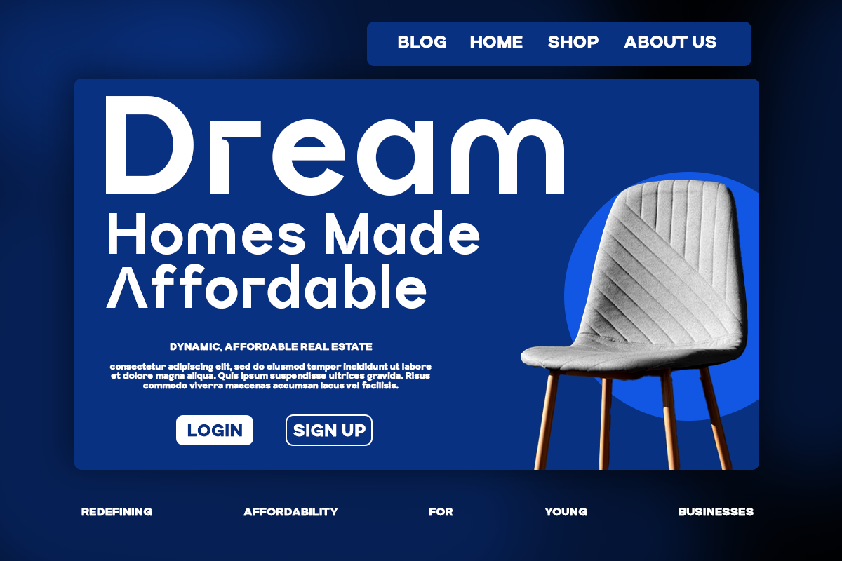 Website hero mockup with bold navy background, white headline text, modern chair, login buttons