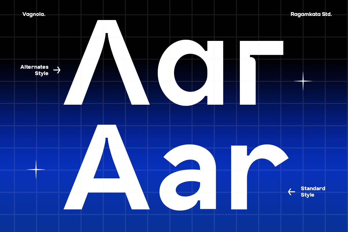 Bold sans serif font with alternate style on dark grid background showing two weight variations