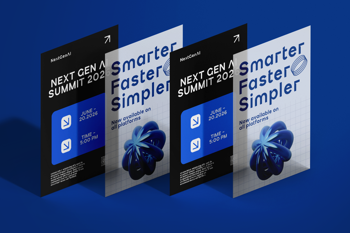 Four isometric poster mockups showing NextGen Summit 2024 event designs with blue gradients, 3D spheres, typography layouts on dark, light backgrounds
