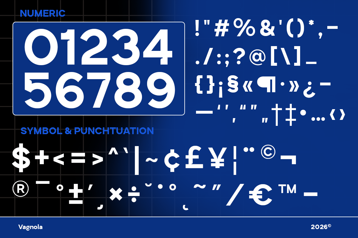 Numeric typeface showing numbers, punctuation marks, currency symbols on deep blue background with grid overlay
