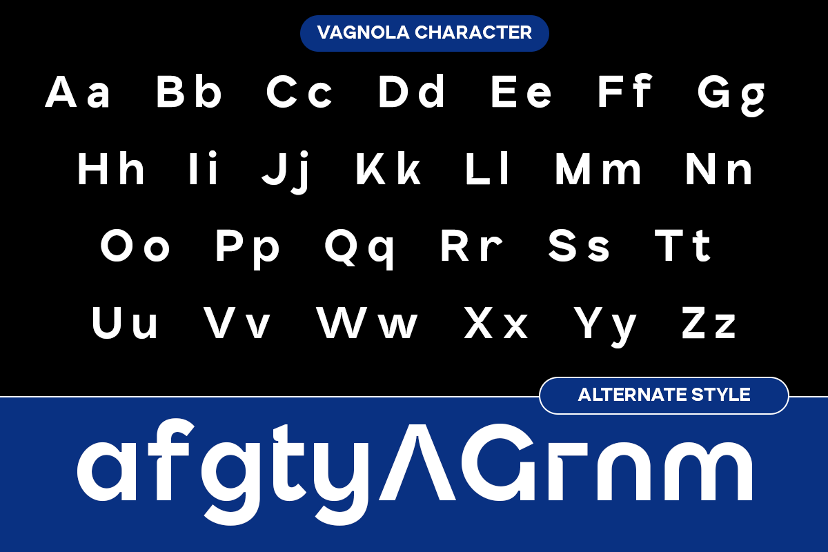 Vagnola typeface showing full alphabet in clean sans serif with alternate style preview