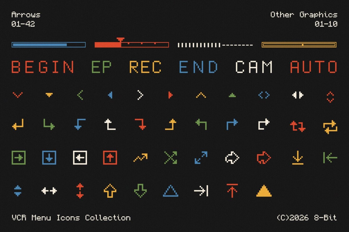 Retro pixel arrow icons in bright neon colors on dark background, 42 VCR menu symbols
