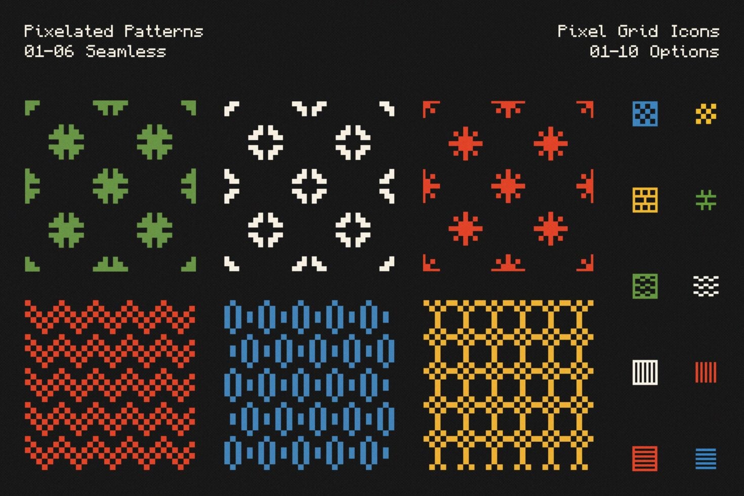Retro pixel art patterns plus grid icons in green, red, blue, yellow on black background