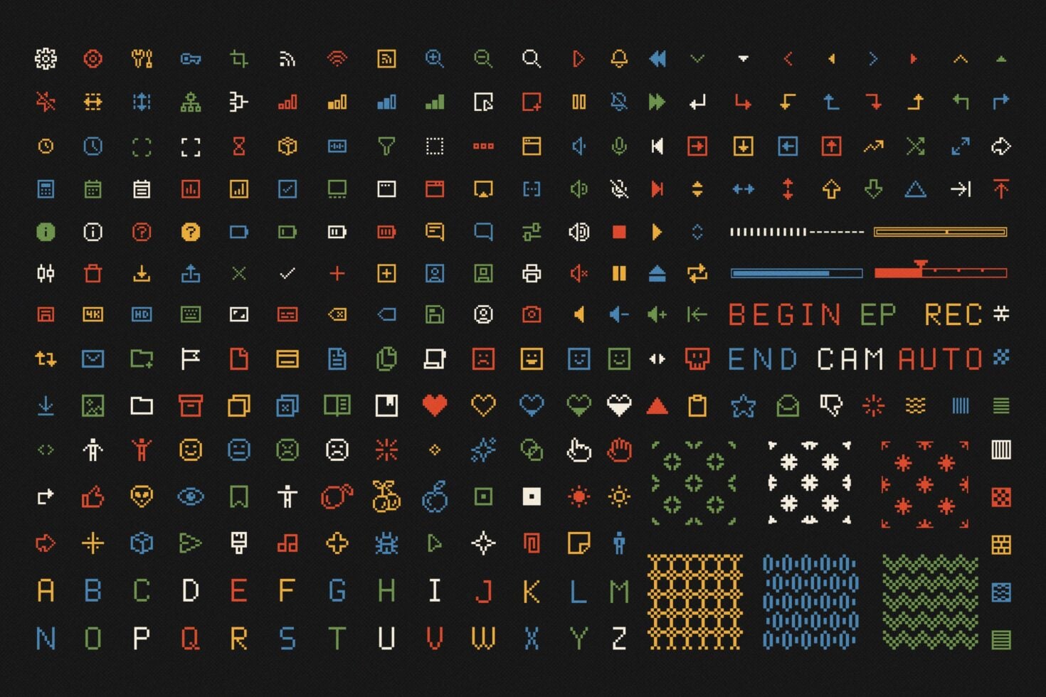 Retro pixel icon set with 200+ colorful symbols, UI controls, letters, patterns on dark background