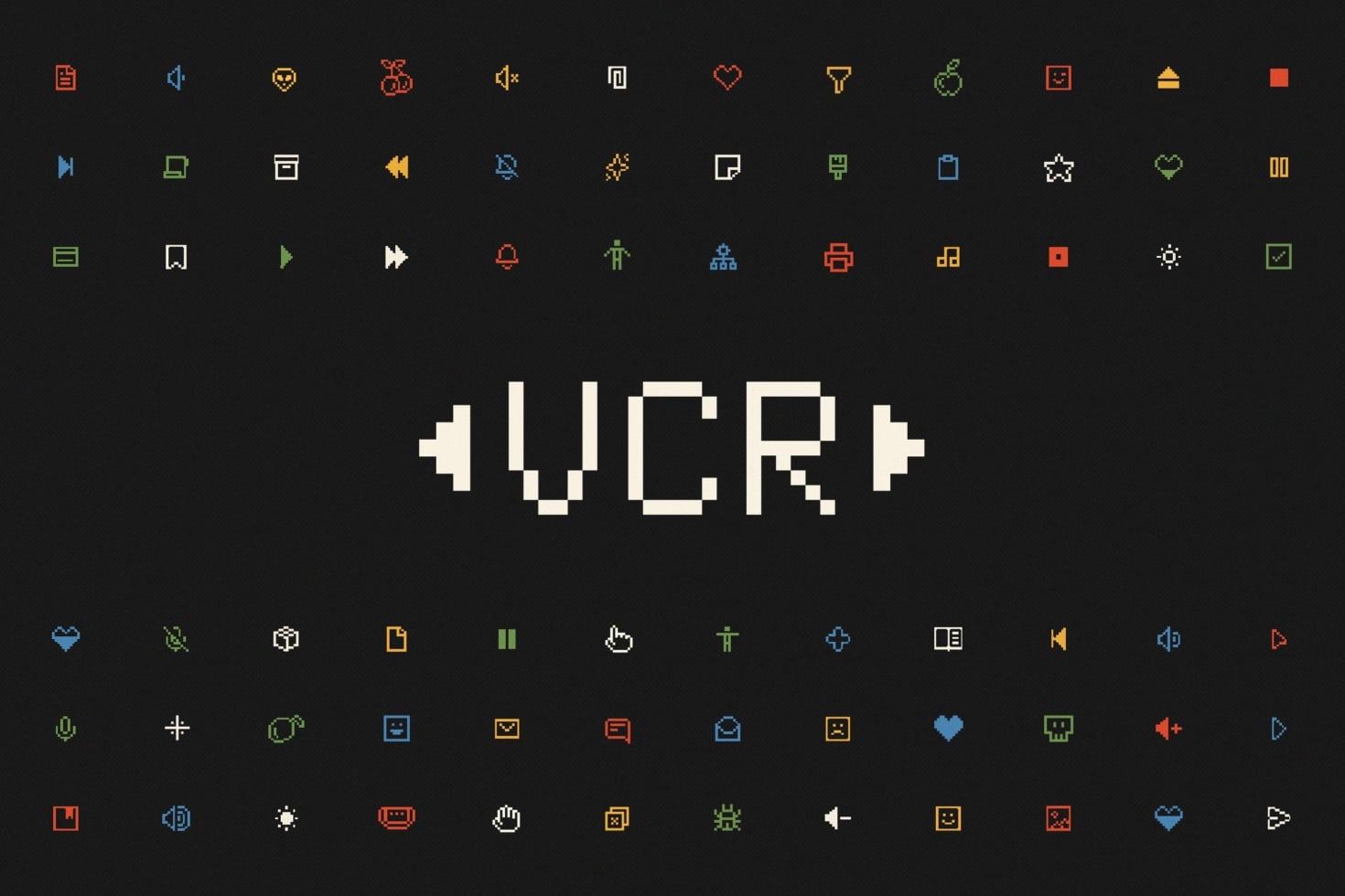 Retro pixel icon set with colorful outlines on dark background, 404 error displayed center