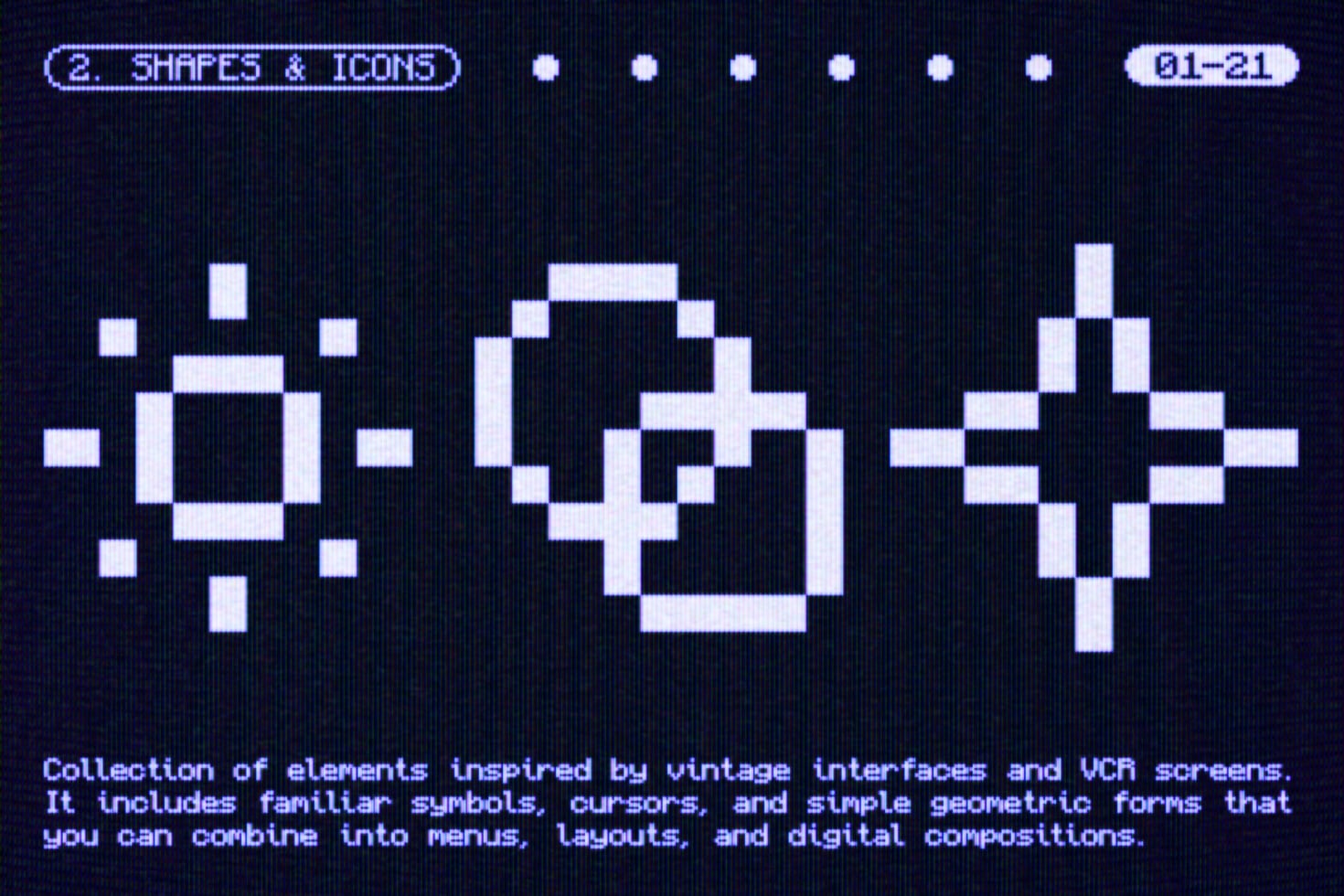 Retro pixel shapes with glitchy Y2K vibes on dark screen backdrop