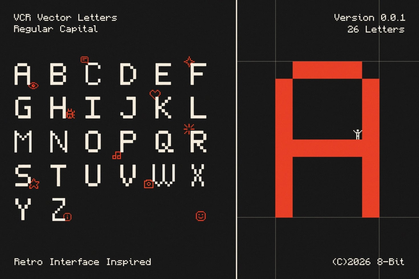 VCR vector letters with retro 8-bit decorative elements on dark background