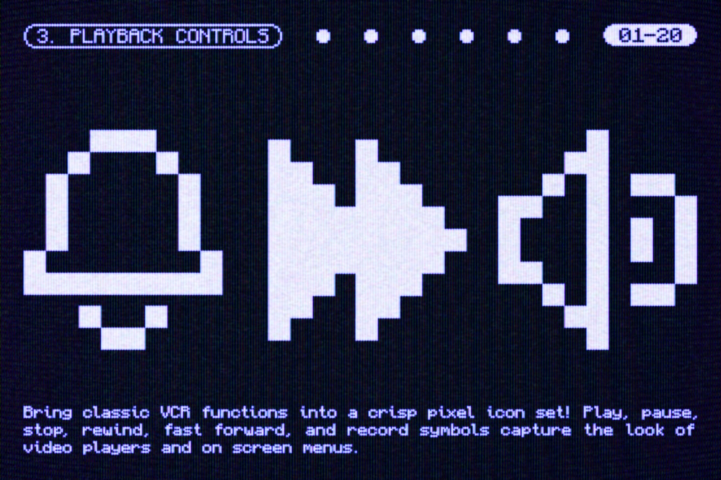 Retro pixel art VCR playback control icons with neon blue glow on dark scanline background