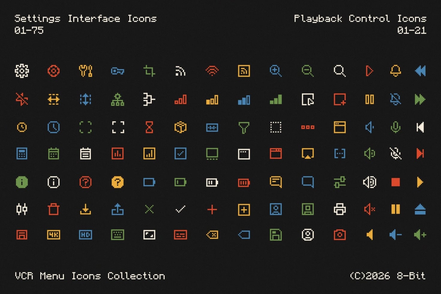 Pixel icon set with settings, playback, menus in neon colors on dark background