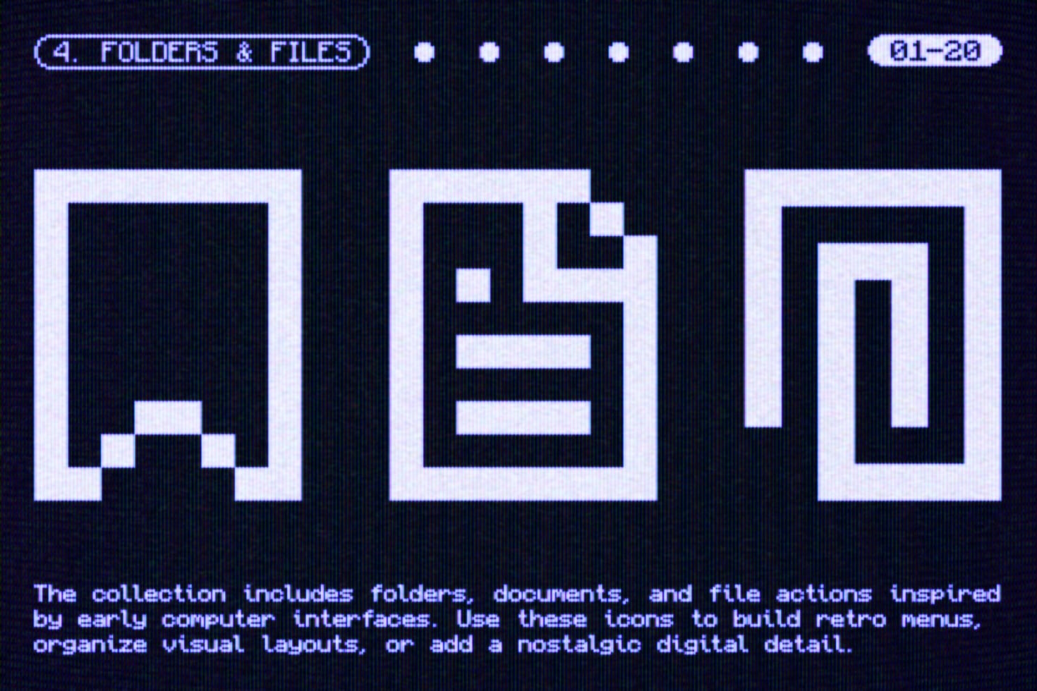 Retro pixel folder, document, plus filing cabinet icons with that classic early computer vibe
