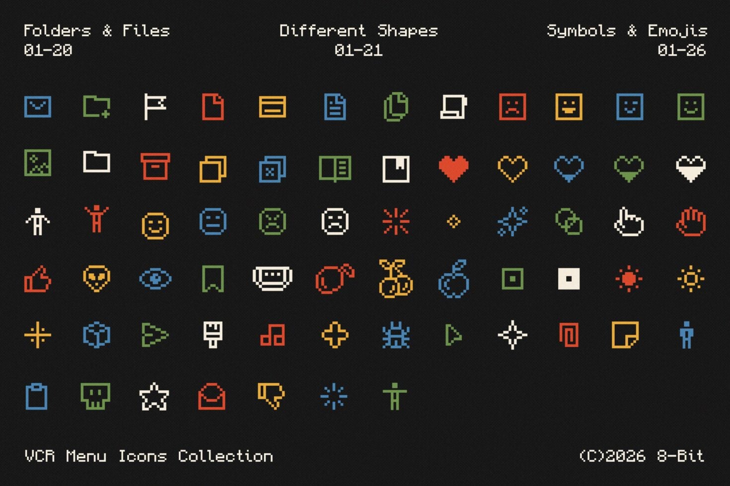 Retro 8-bit icon set with folders, shapes, emojis in bright neon colors on dark background